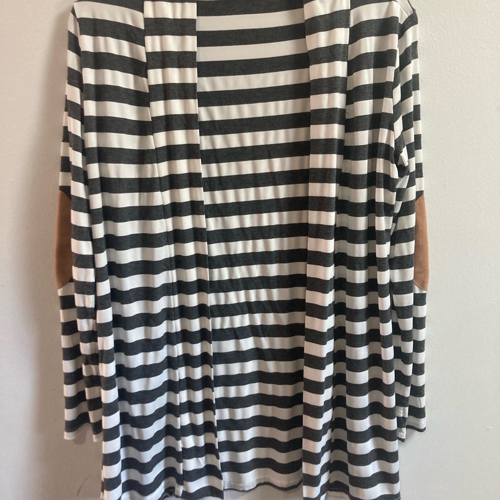 Black & White Striped Open Cardigan with Brown Elbow Patches